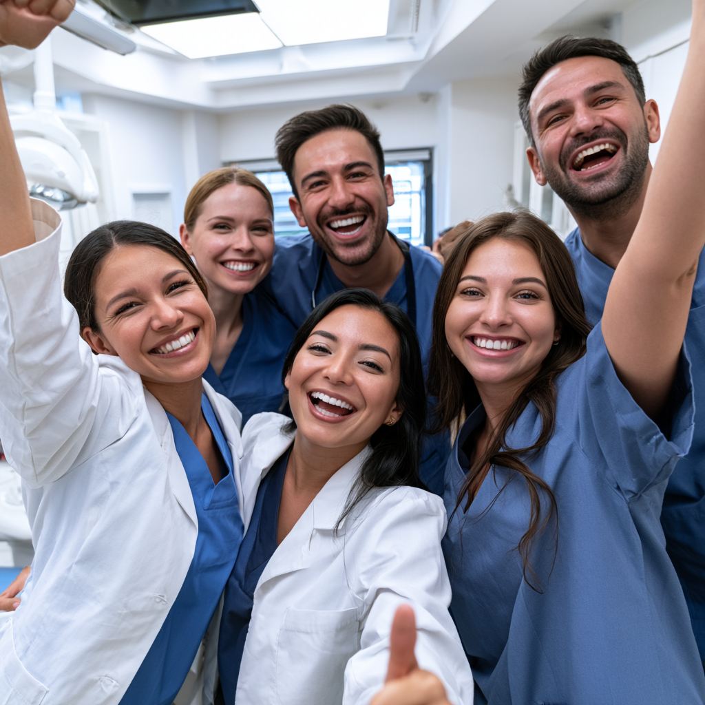 A team of coworkers crowded together, laughing with their arms raised in celebration at work