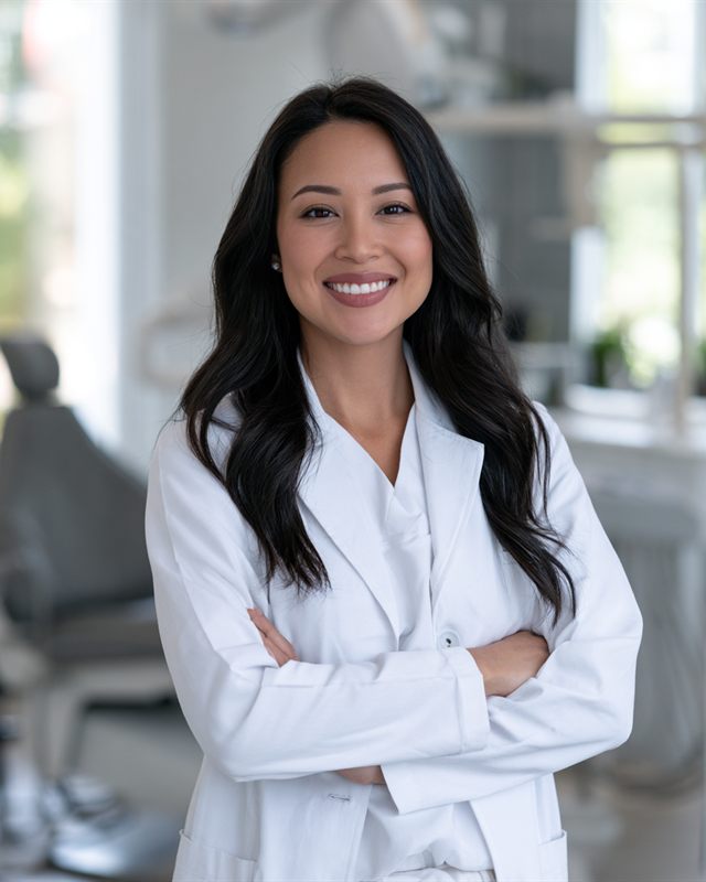 Dentist in a white coat, smiling with her arms crossed in her dental office